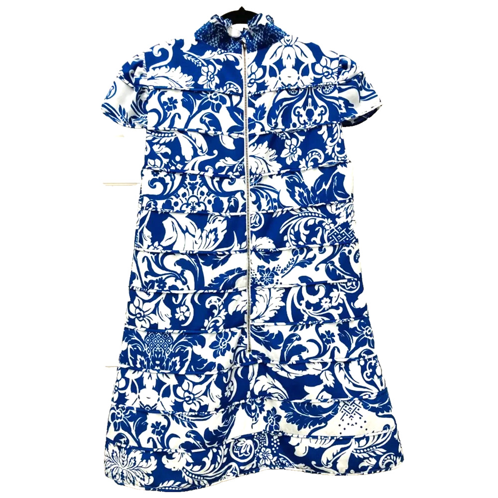 Alice + Olivia Blue White Karisse Cap Sleeve Mock Neck Mini Dress Roman 6 S - Picture 4 of 8